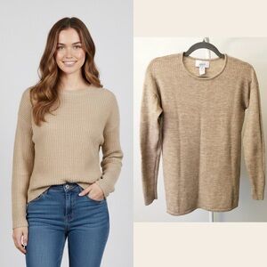 Kersh Marino Wool Cozy Minimalist m Beige Quilt Luxury Crew Neck Jumper Sweater.